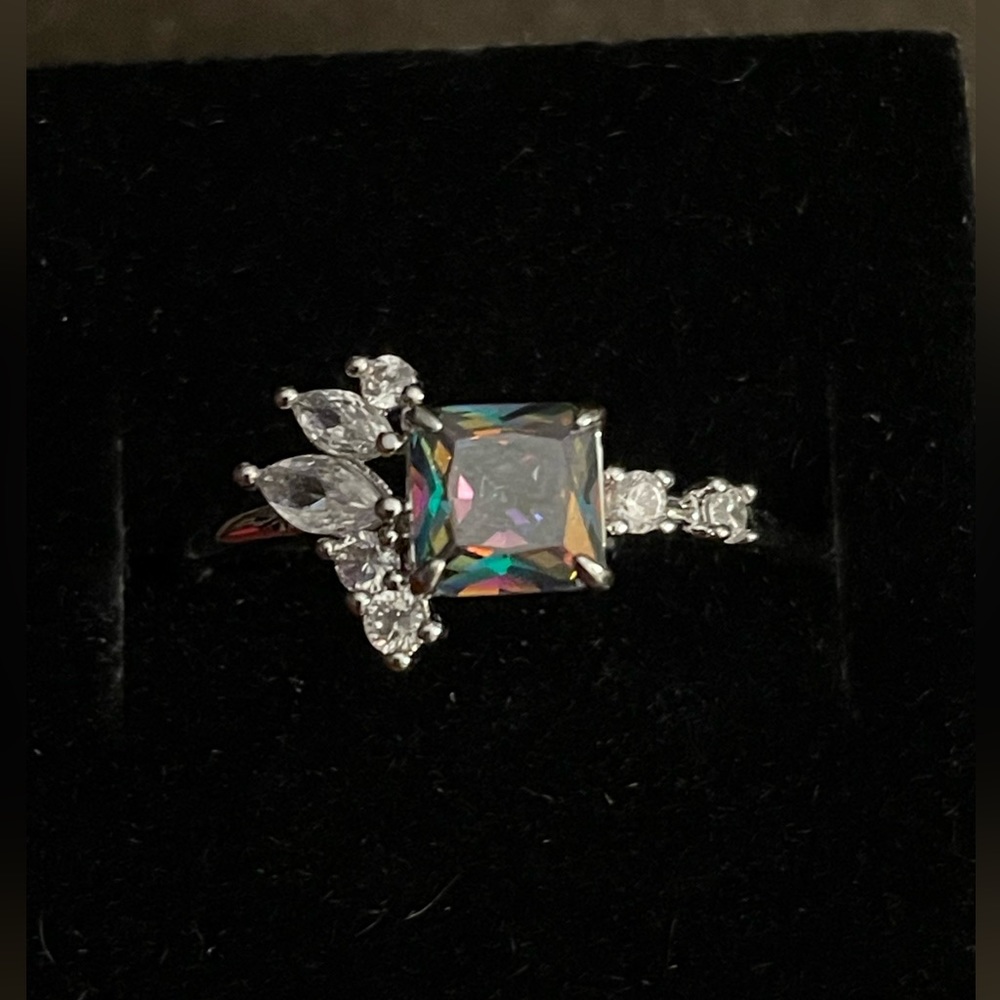 Rainbow topaz, cubic zirconia on rhodium plating